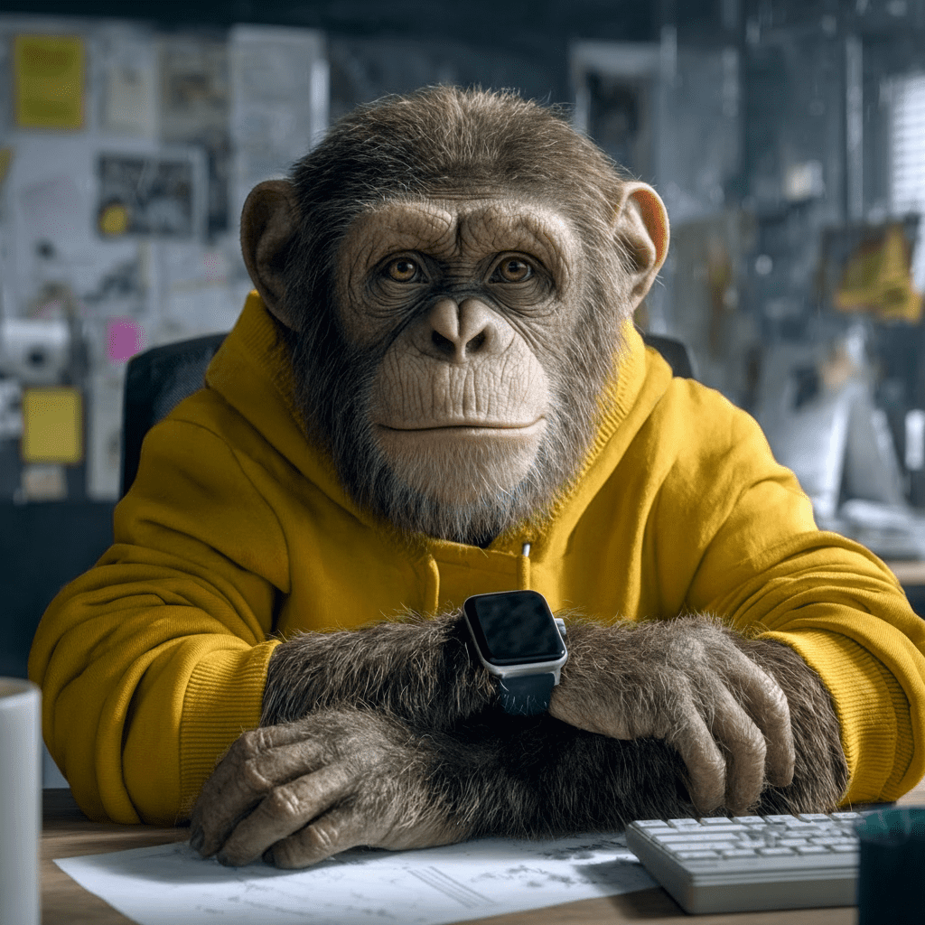 Charlie the Chimp - Mip's intern - pulling a cheeky face in a black suit
